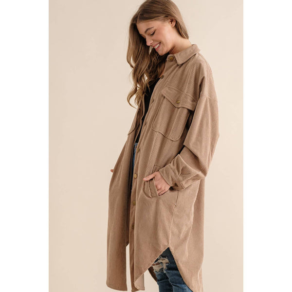 LONG CORDUROY BUTTON DOWN SHIRT JACKET SHACKET: Warm Taupe