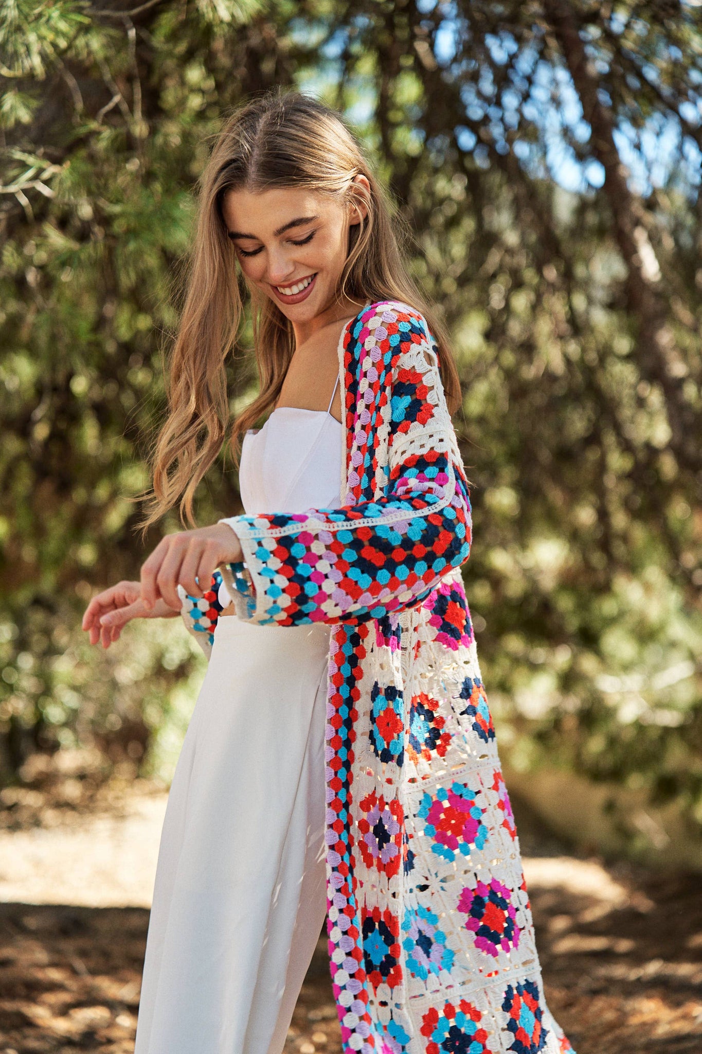 GRANNY SQUARE OPEN MIDI CROCHET KNIT CARDIGAN: ONE / White Multi