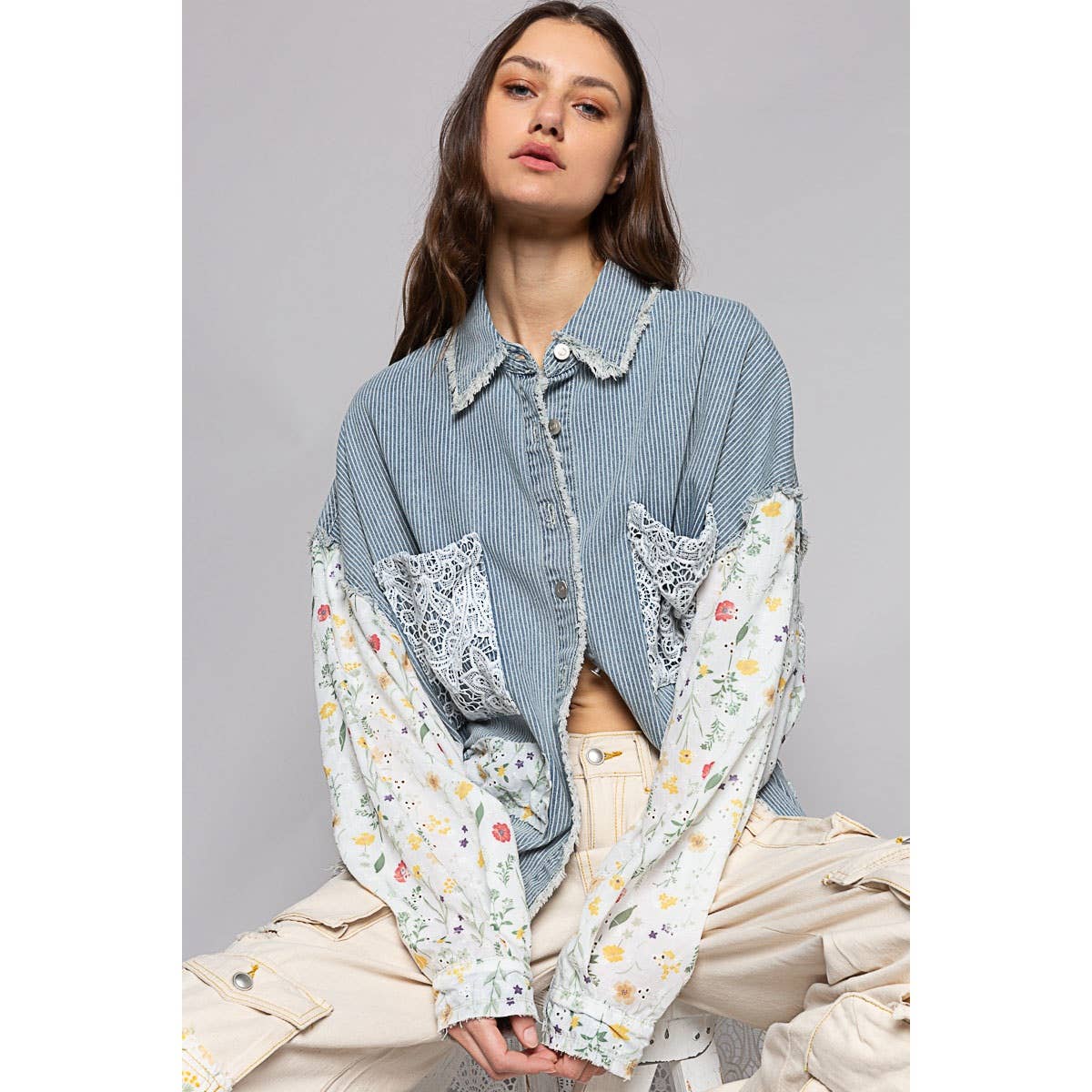 Floral print long sleeve crochet patches shacket: STRIPE DENIM