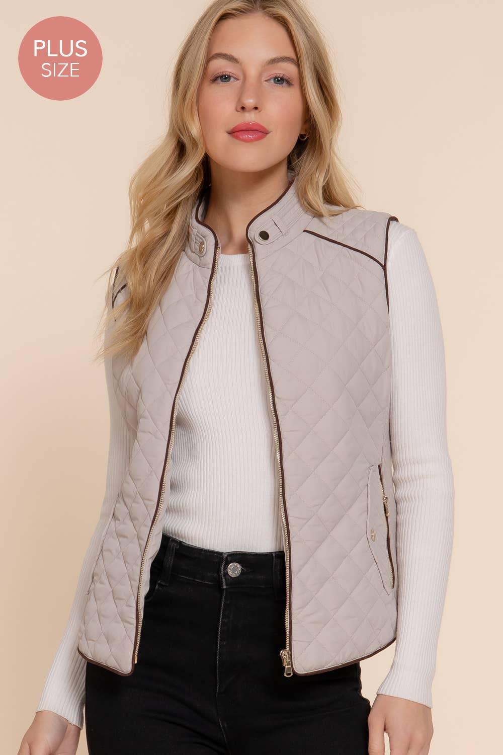 Suede Piping Quilted Padding Vest: TPE-pale taupe