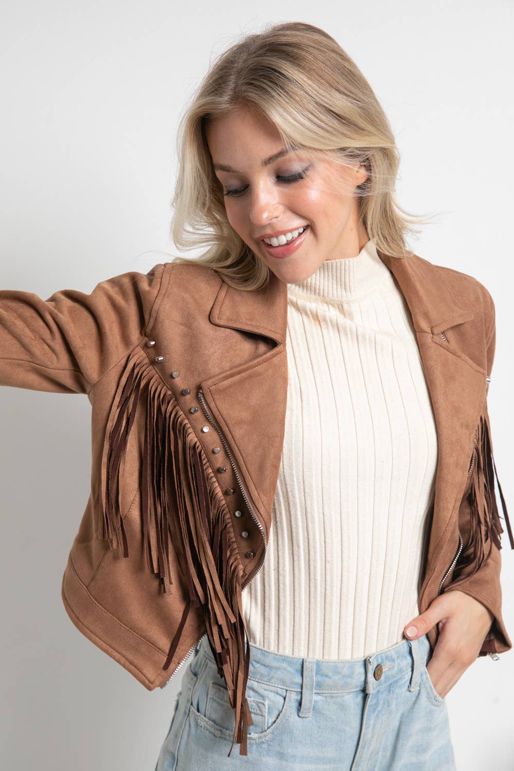 - Suede Studded Fringe Moto Jacket: