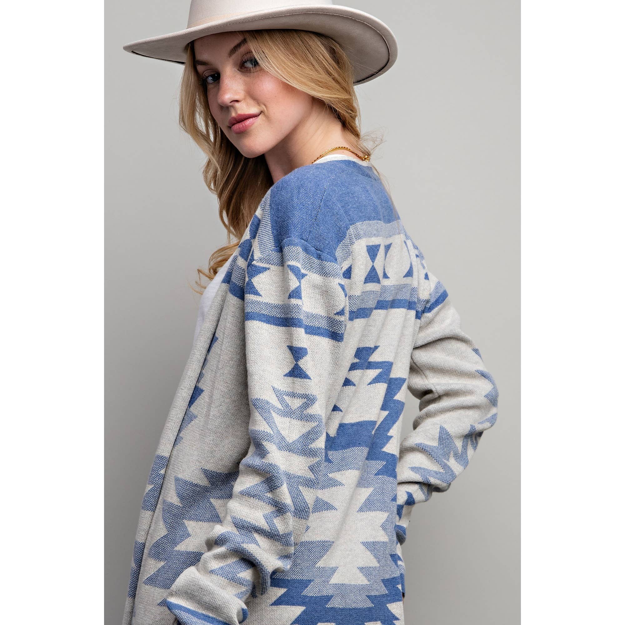 AZTEC PATTERN LONG CARDIGAN: Blue Multi