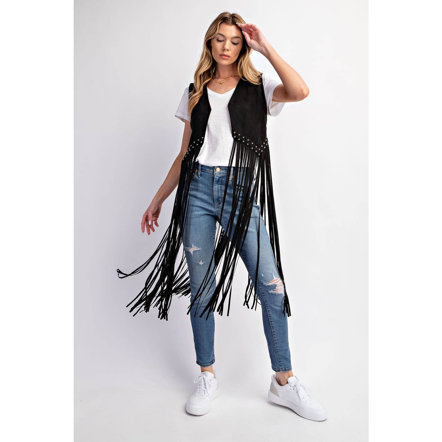 SUEDE STUDDED DETAIL FRINGE HEM VEST: Black