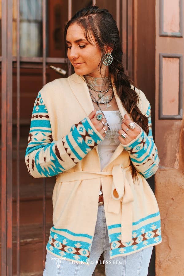 Cream Turquoise Cowboy Knit Sweater Cardigan