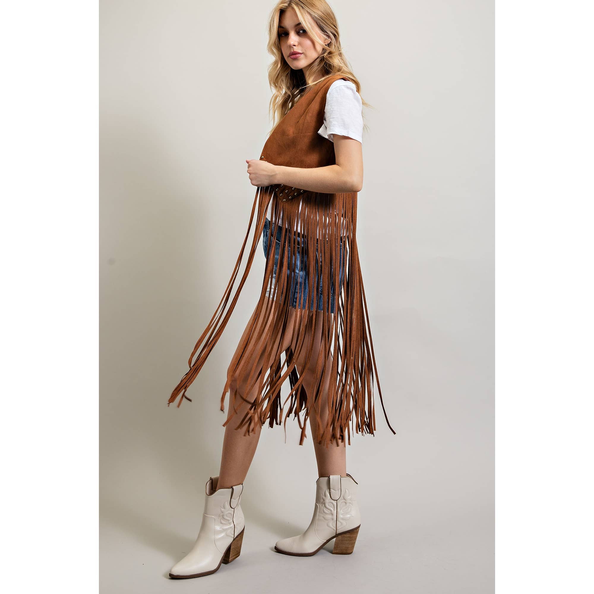 SUEDE STUDDED DETAIL FRINGE HEM VEST