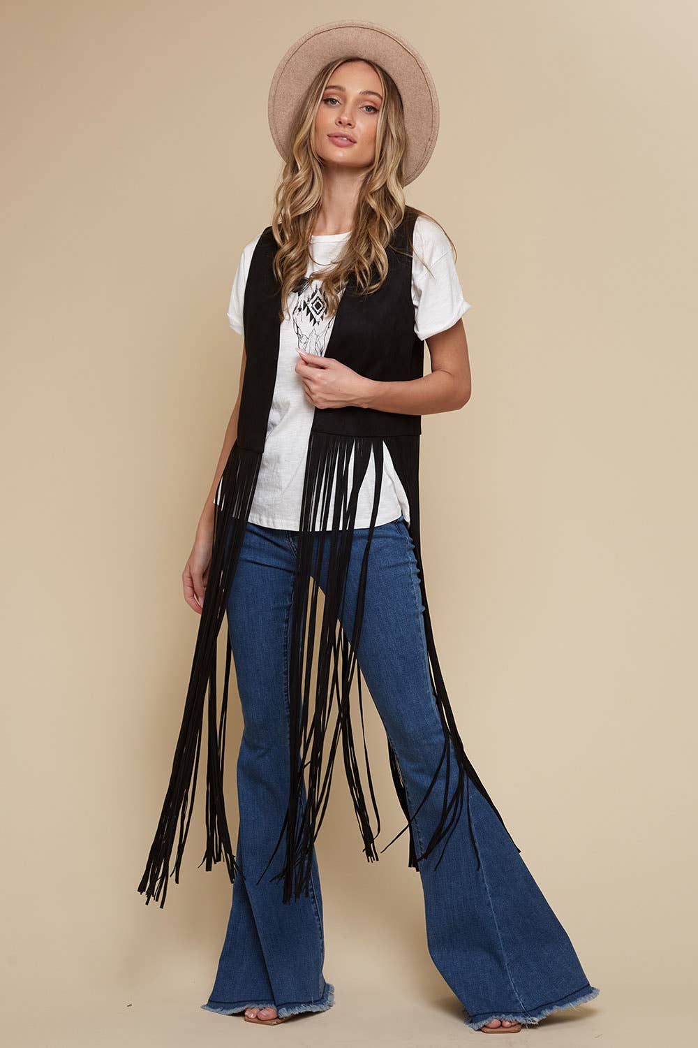 SIJ5201A BLACK LONG FRINGE FAUX SUEDE WESTERN  VEST