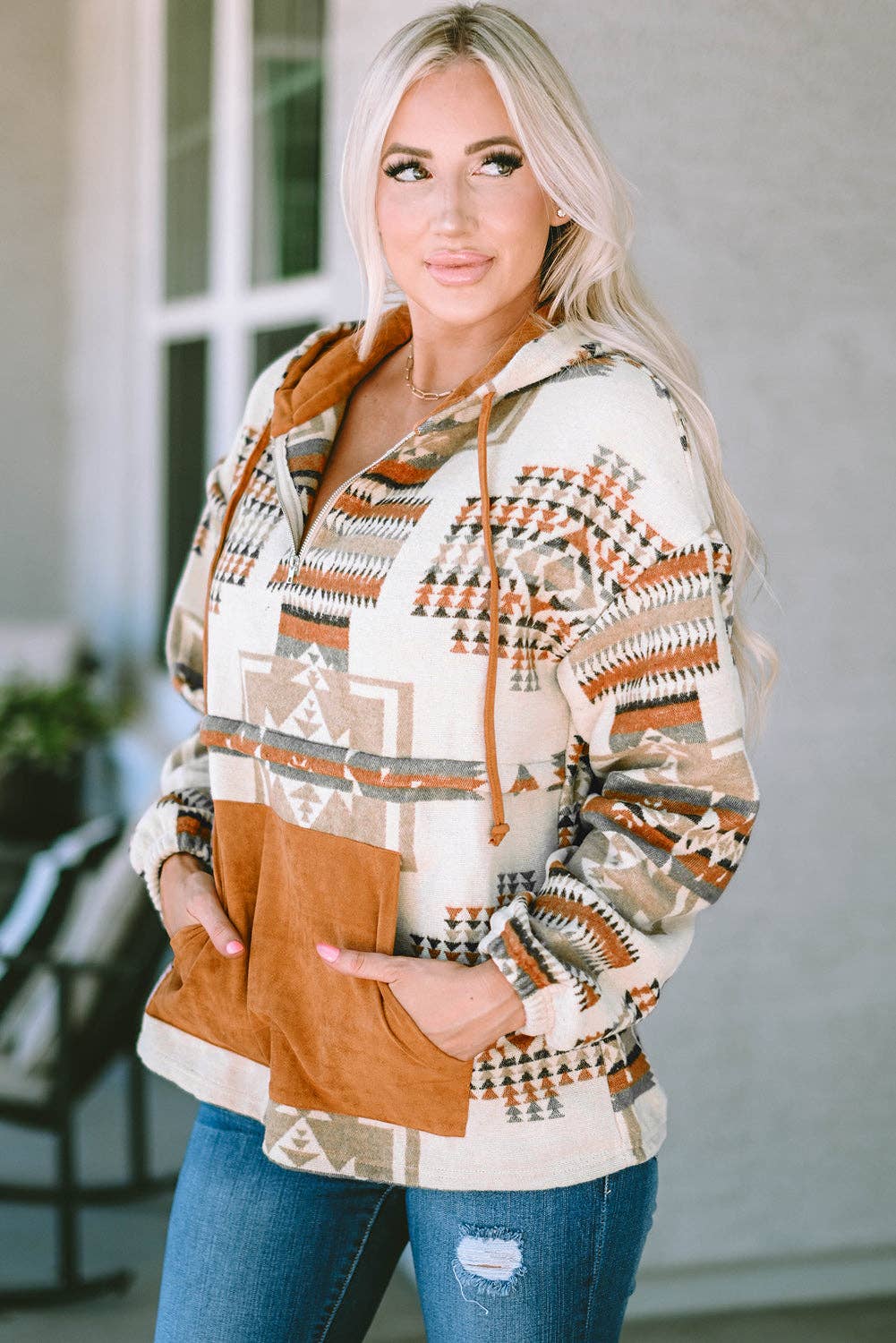 Beige Aztec Print Kangaroo Pocket Half-Zip Hoodie: Beige / 100%Polyester / M