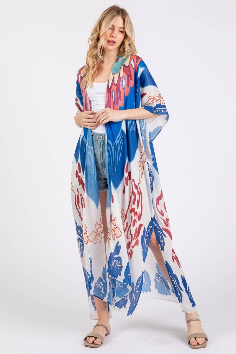 Boho Floral Print Long Kimono: MULTI