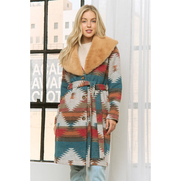 AZTEC JACKET SHACKET WITH CONTRAST FUR SHOWL COLLAR: Rust / Turquoise