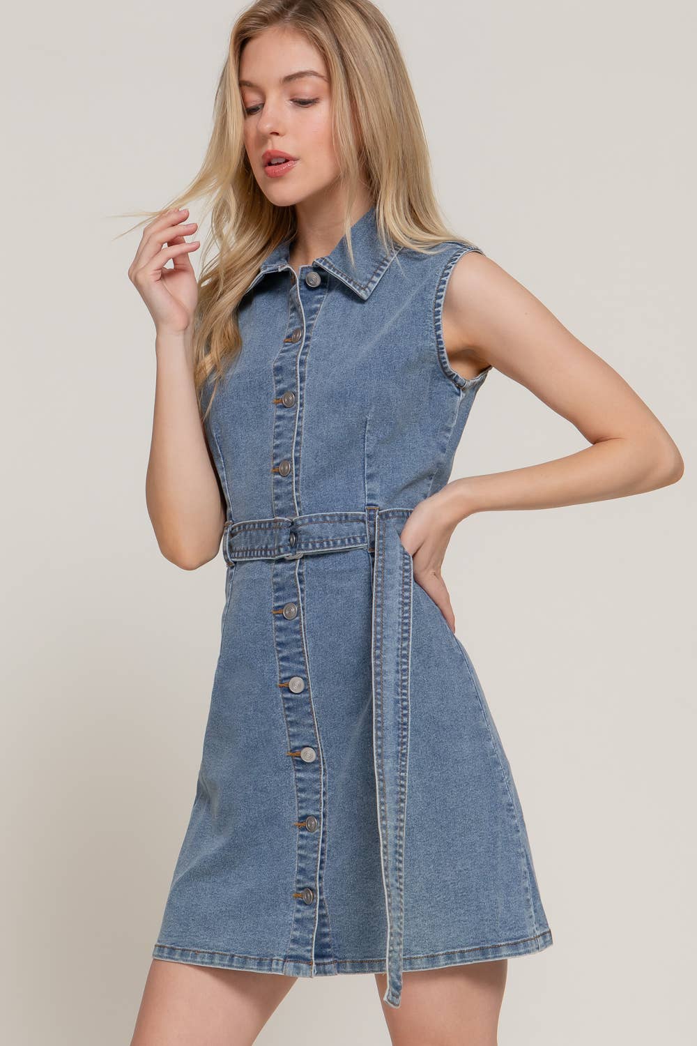 Sleeveless Button Down Stretch Denim Mini Shirt Dress: BLU-medium denim