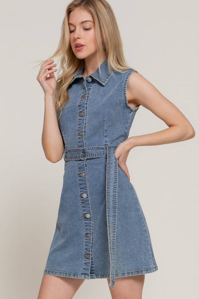 Sleeveless Button Down Stretch Denim Mini Shirt Dress: BLU-medium denim
