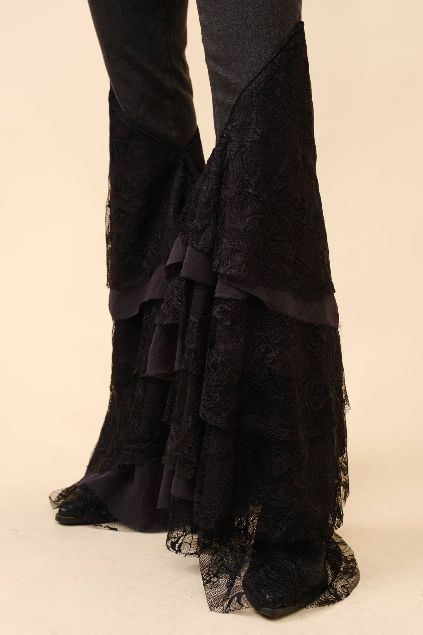 Mid Rise Lace Tiered Flare Denim Jeans