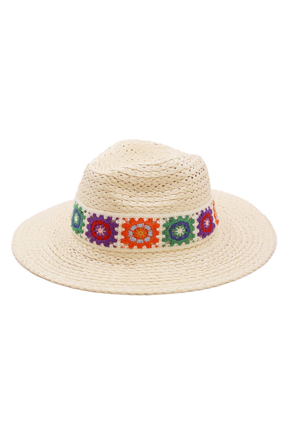 Floral Crochet Band Straw Hat: BE