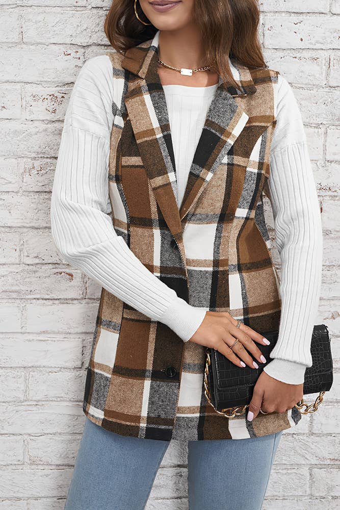 Brown Plaid Lapelle Collar Button Up Vest Coat