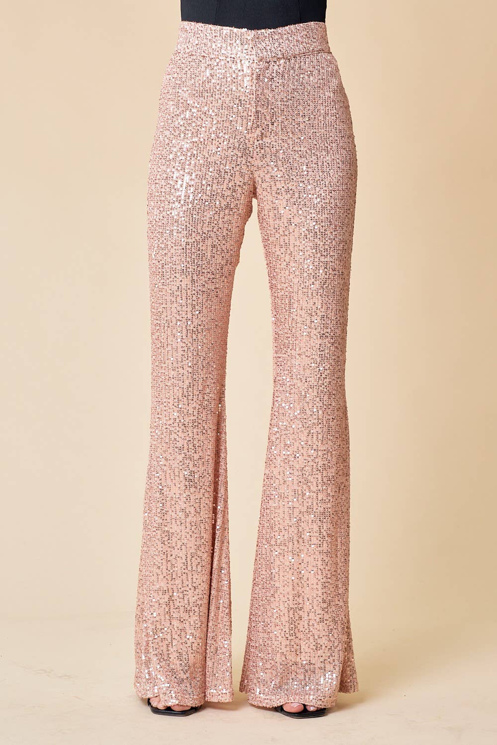 SEQUIN FLARED TROUSER PANTS - 2405 ROSE GOLD: Rose Gold