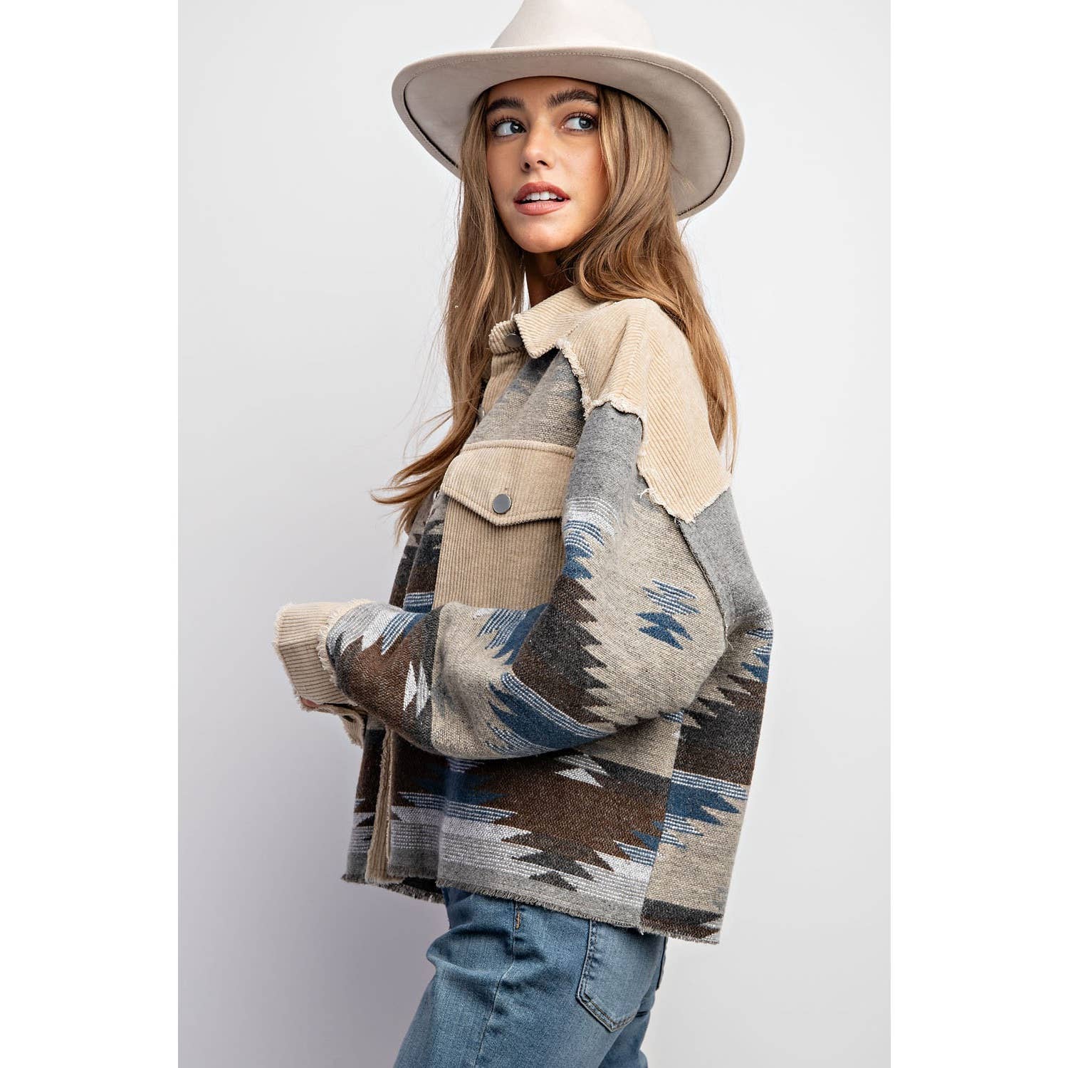 TRIBAL AZTEC PATTERN COLORBLOCK BUTTON DOWN SHIRT JACKET