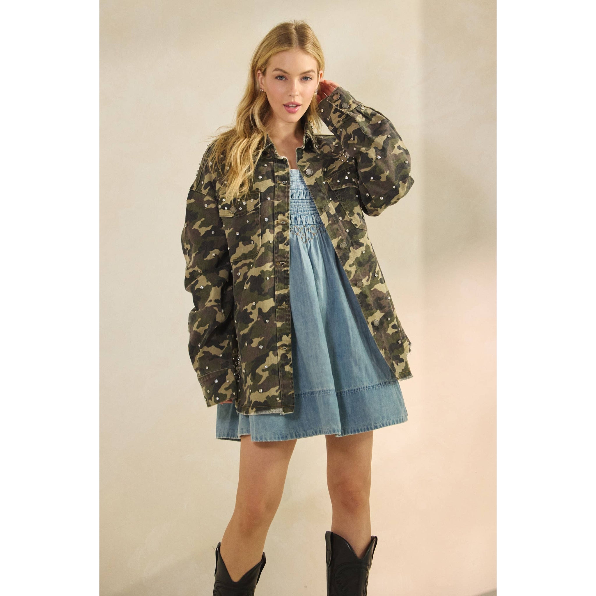 Printed Rhinestone Denim Jacket: Camo