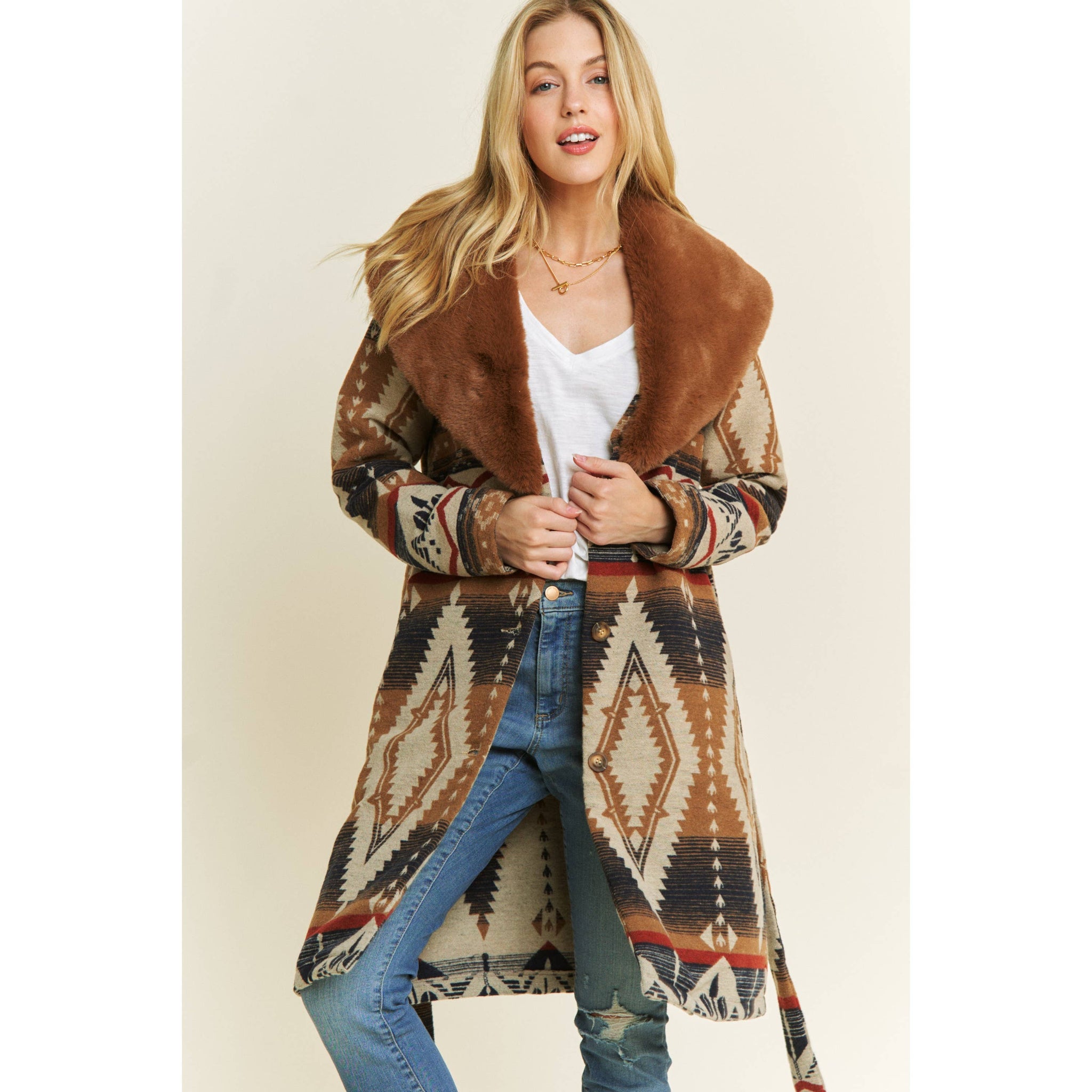 AZTEC JACKET SHACKET WITH CONTRAST FUR SHOWL COLLAR: Navy