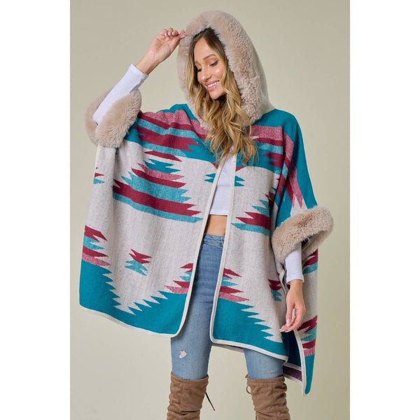 Aztec Pattern Poncho with Faux Fur Trimmed Hooded: BLUE