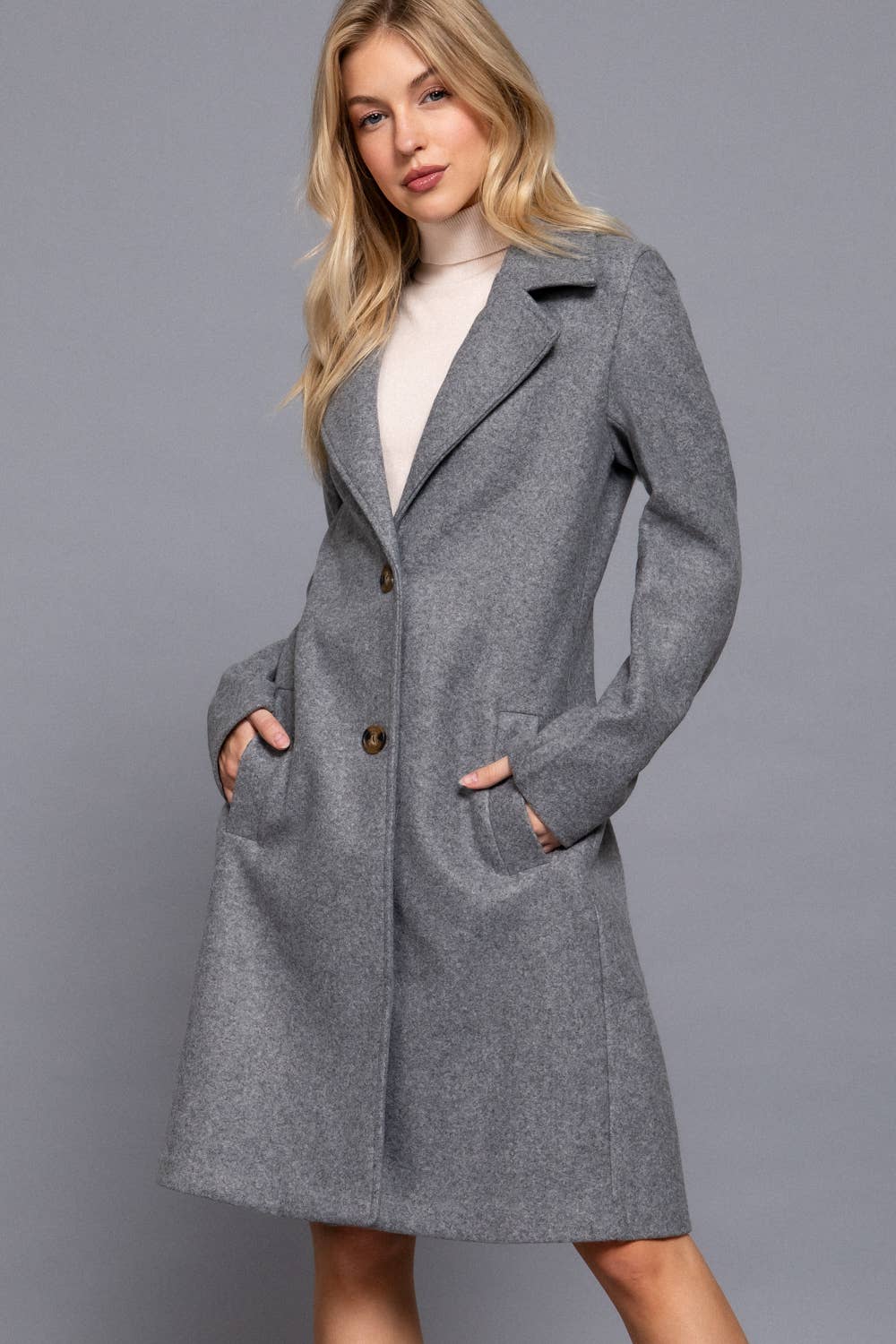 Long Sleeve A-Line Long Coat: HGY-h grey