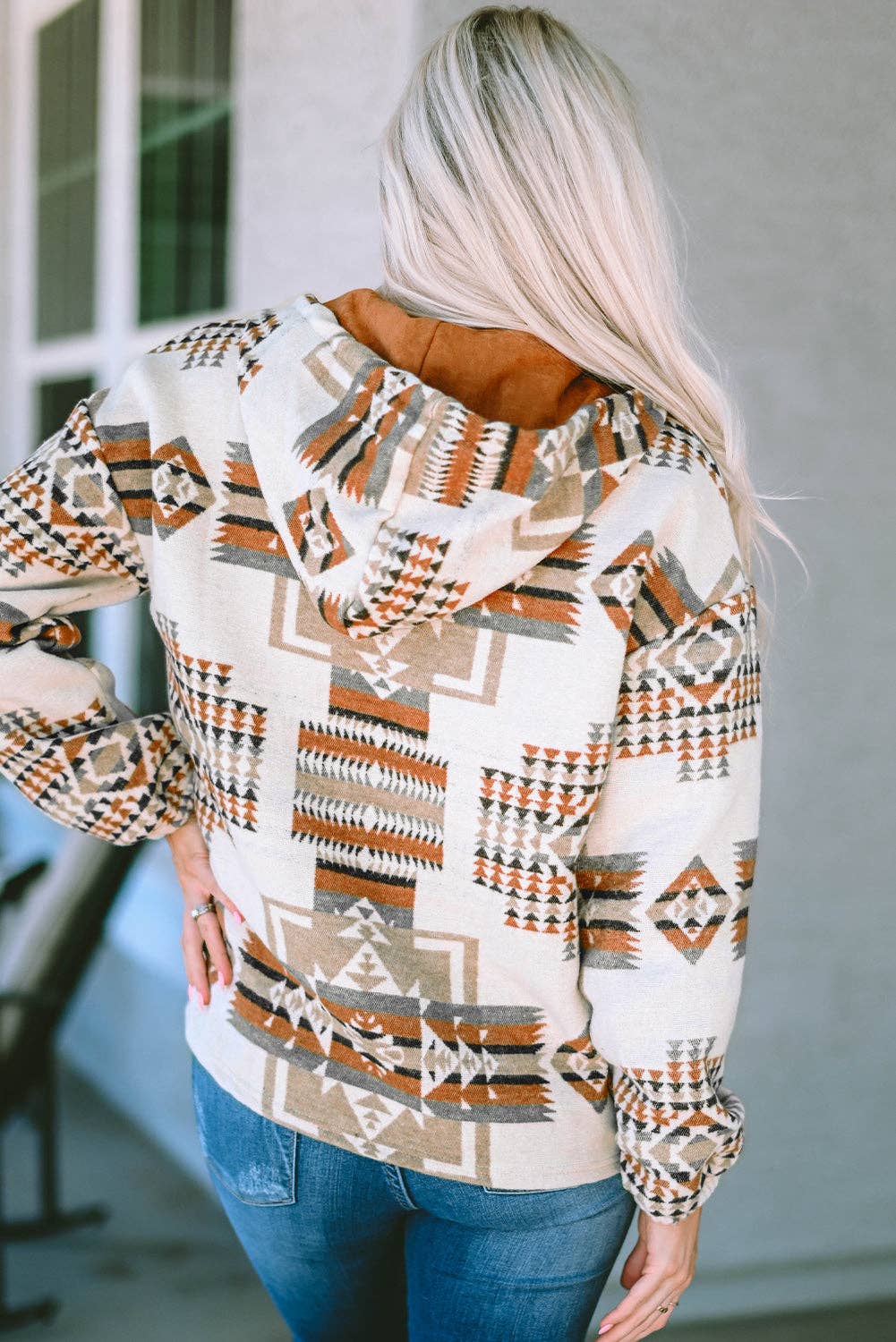Beige Aztec Print Kangaroo Pocket Half-Zip Hoodie: Beige / 100%Polyester / M