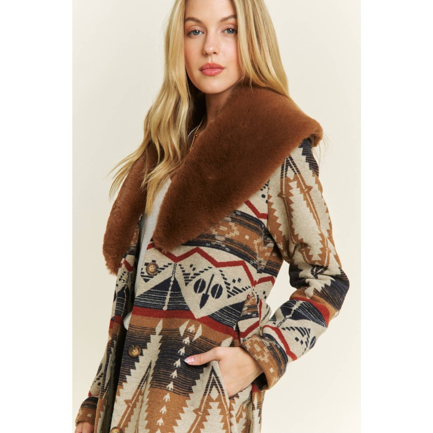 AZTEC JACKET SHACKET WITH CONTRAST FUR SHOWL COLLAR: Navy