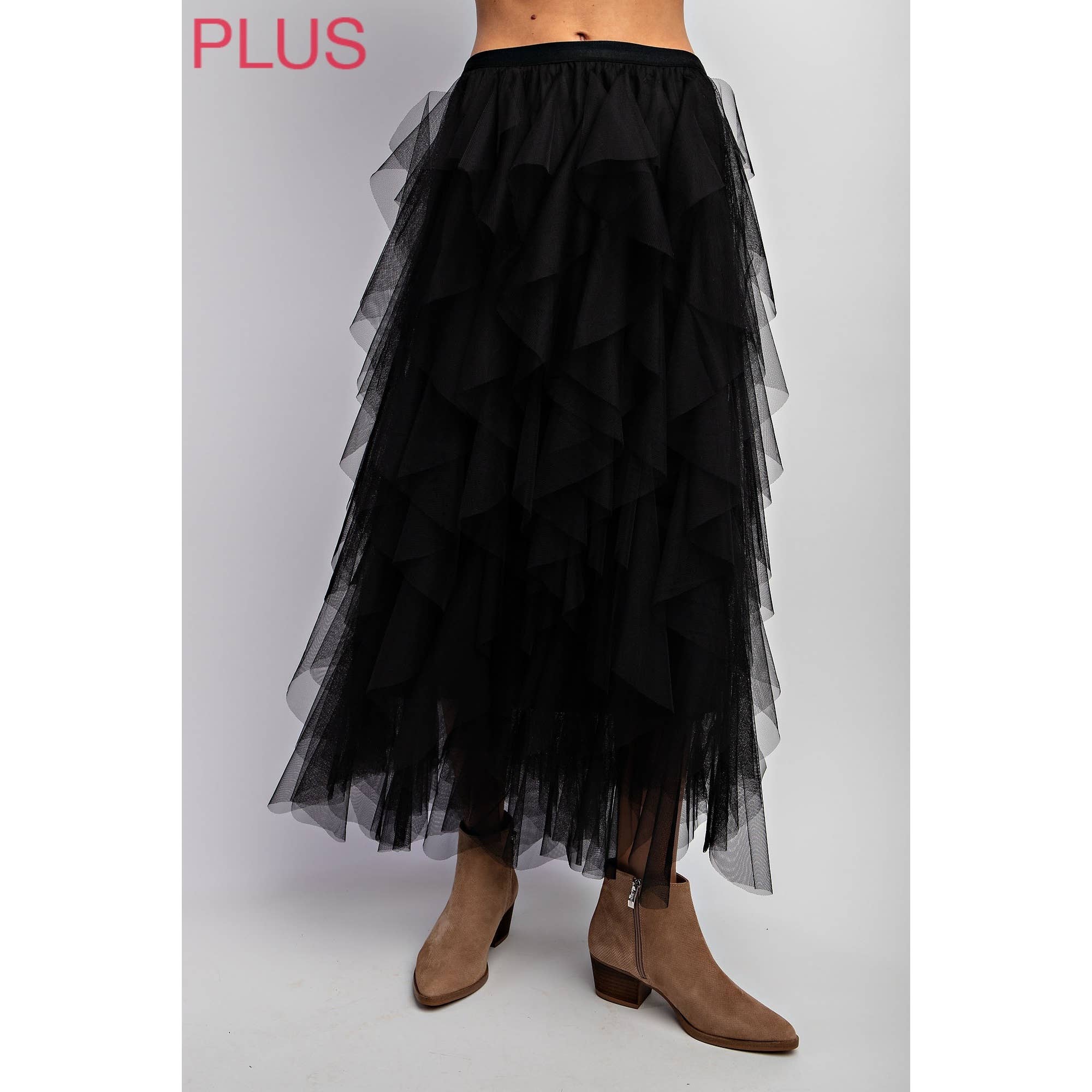 PLUS CASCADING TULLE MESH LAYERED MAX SKIRT: Black