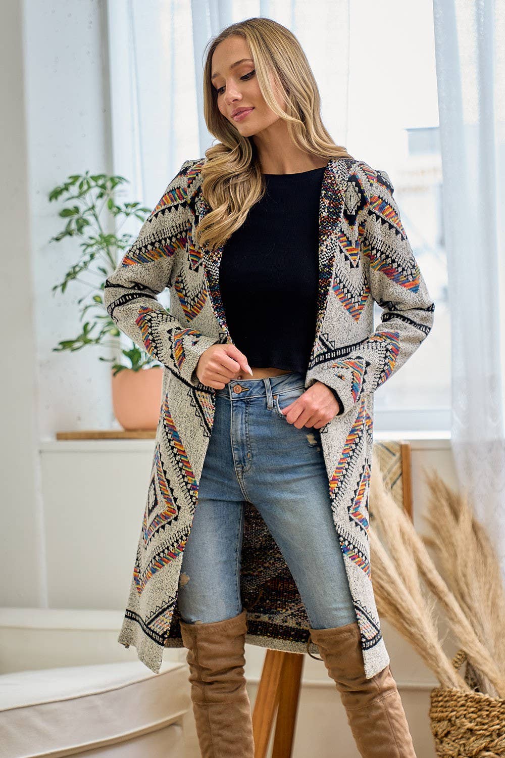 Rainbow Multi Diamond Long Sleeve Long Cardigan WITH HOOD