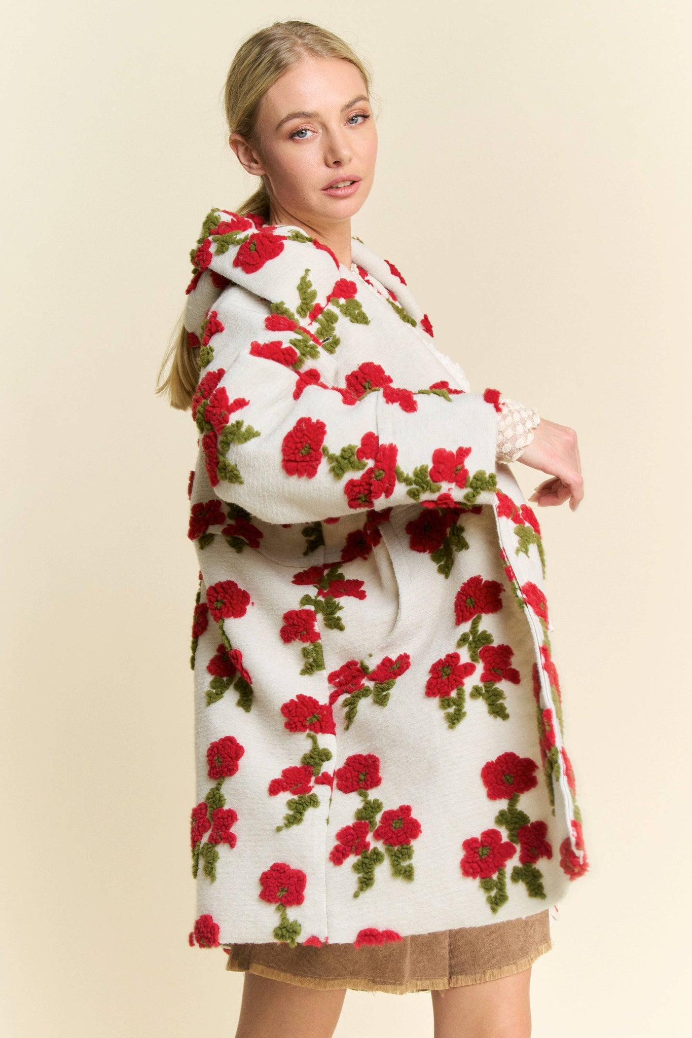 FLORAL POCKET CHUNKY BUTTON FRONT HOODIE JACKET