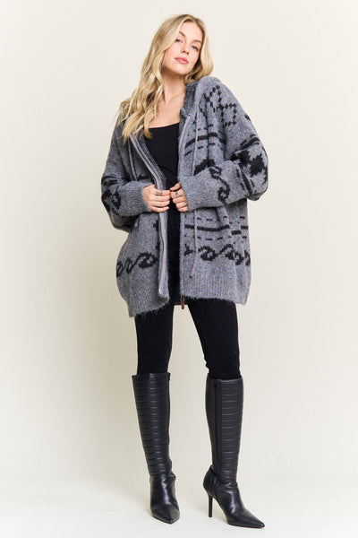 CESW4139-ZIP-UP AZTEC HOODED KNIT CARDIGAN:ONESIZE