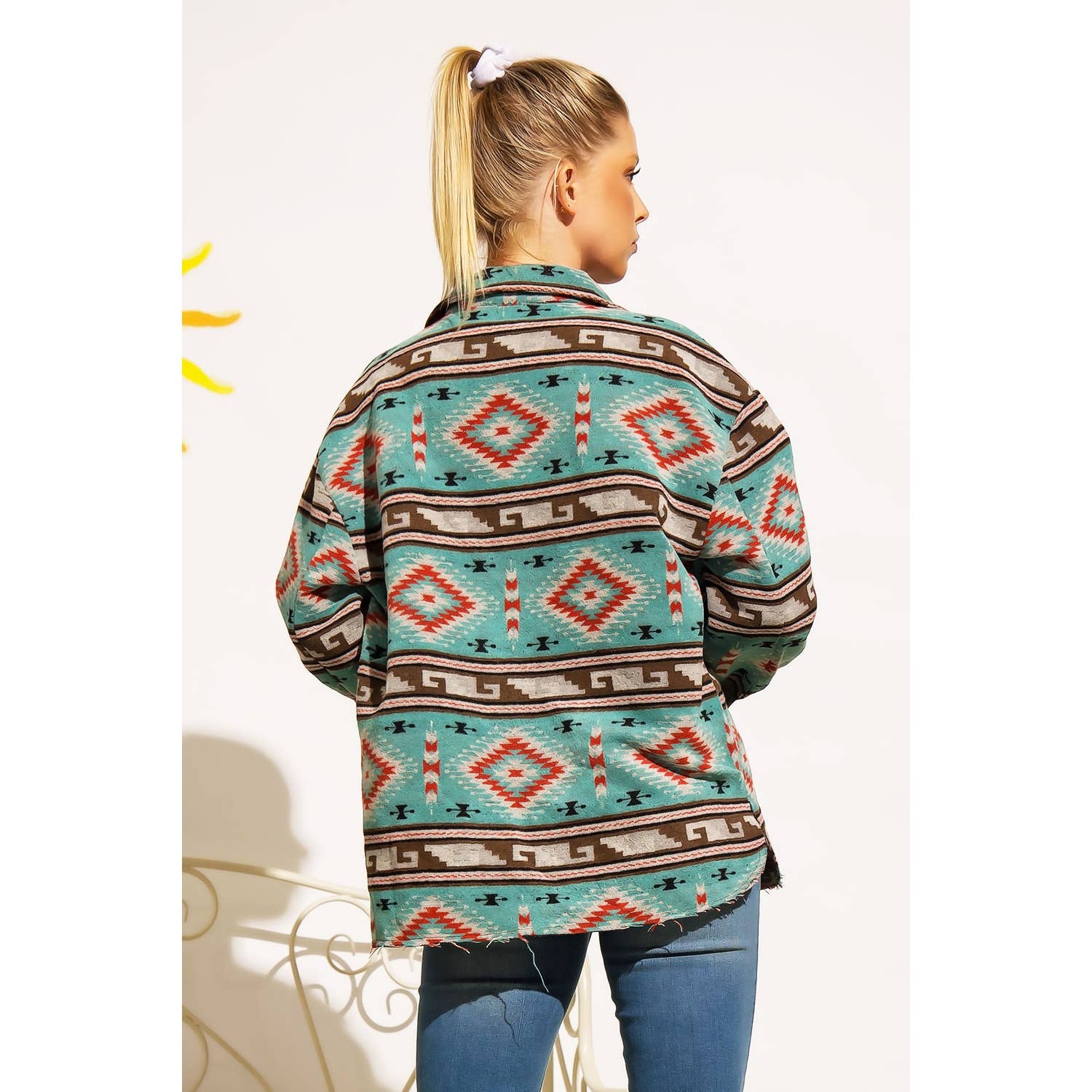 TRIBAL AZTEC PATTERN BUTTON DOWN SHIRT JACKET: Teal