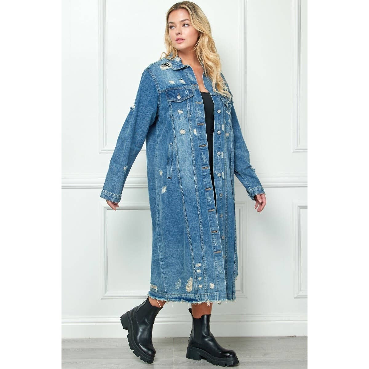 Plus Size Distressed Long Denim Jacket: Medium Wash