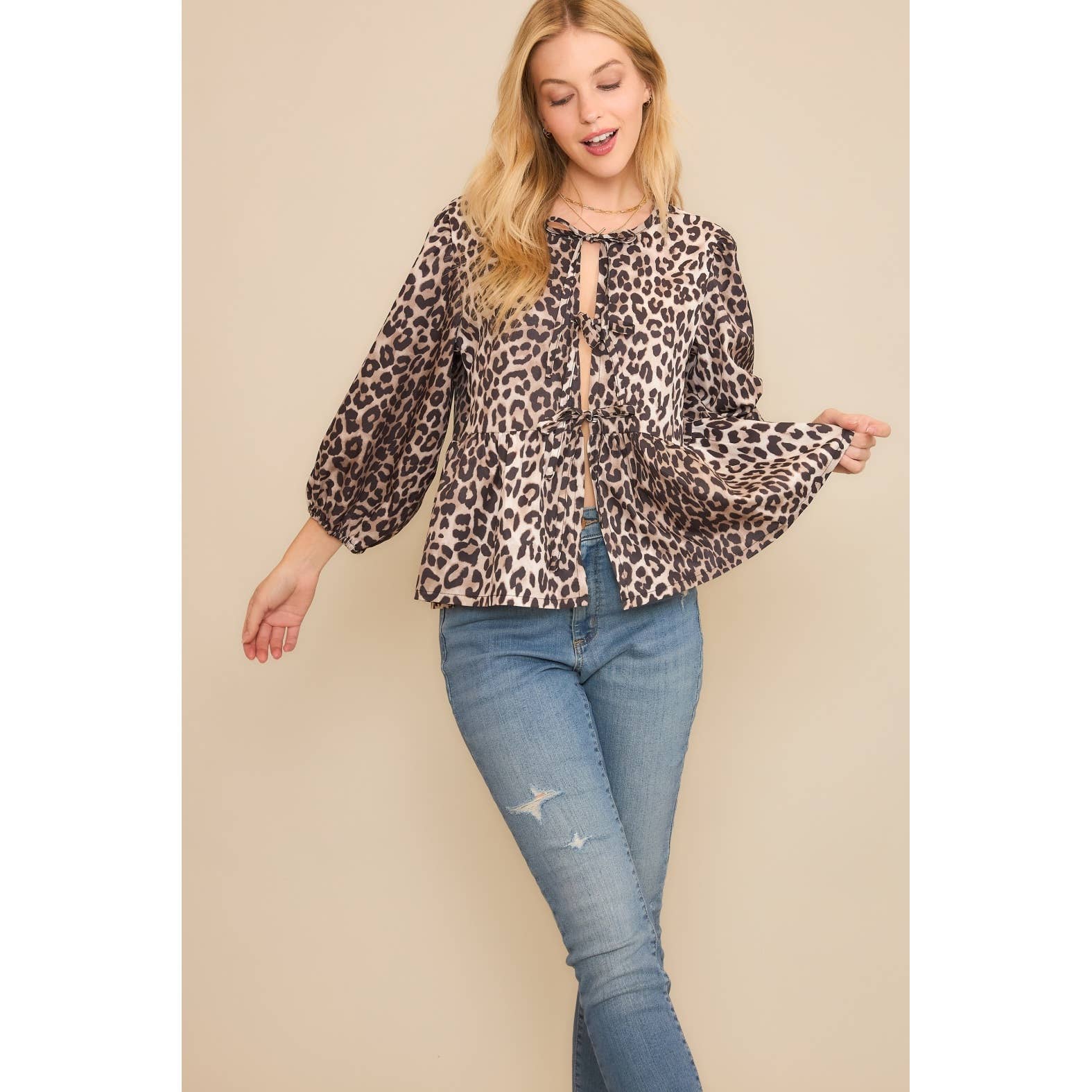 ANIMAL WOVEN PRINT OPEN FRONT BABYDOLL TOP BLOUSE WITH BOW D: Brown Multi