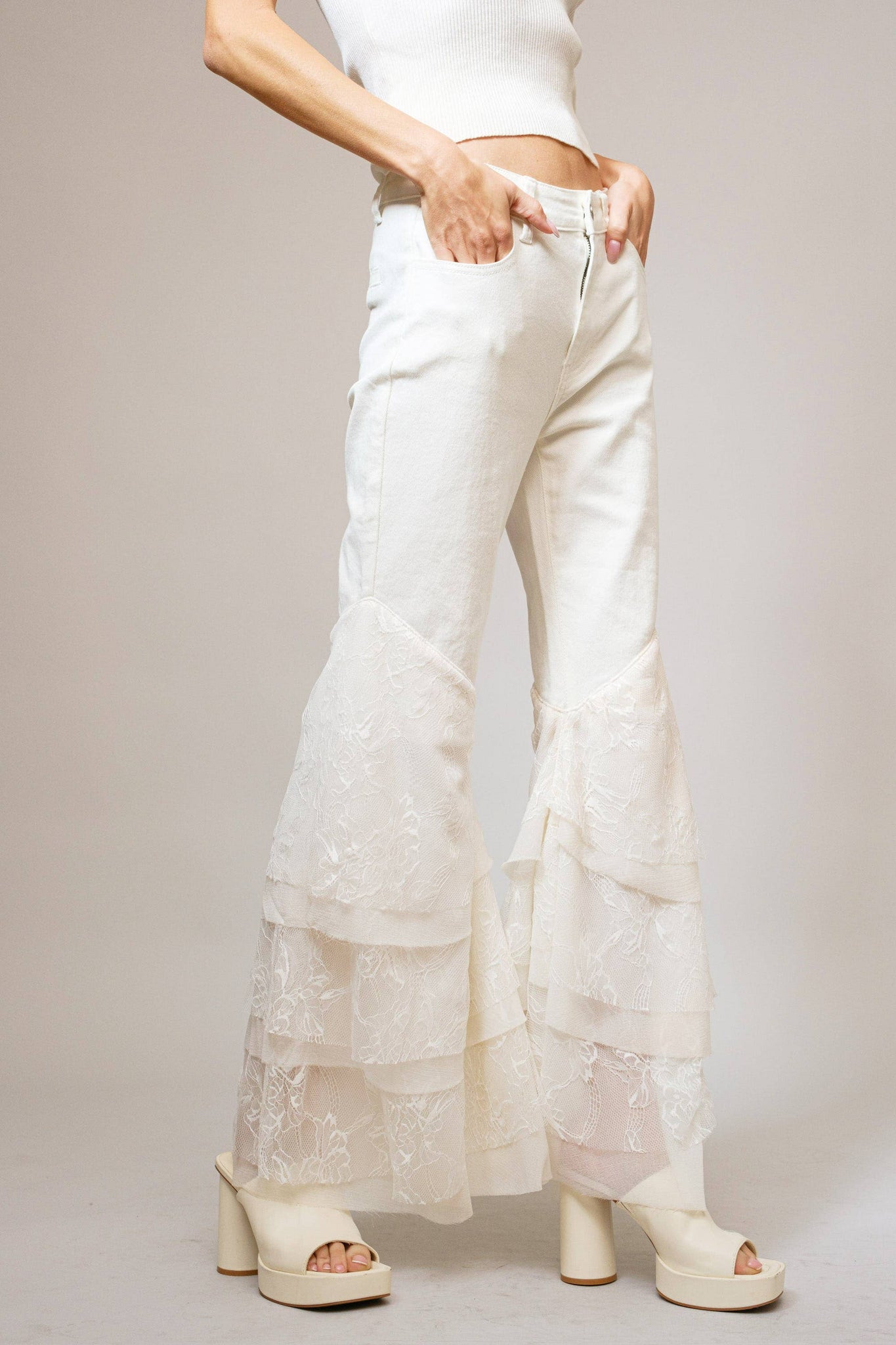 15503P - Mid Rise Lace Tiered Flare Denim Jeans: White
