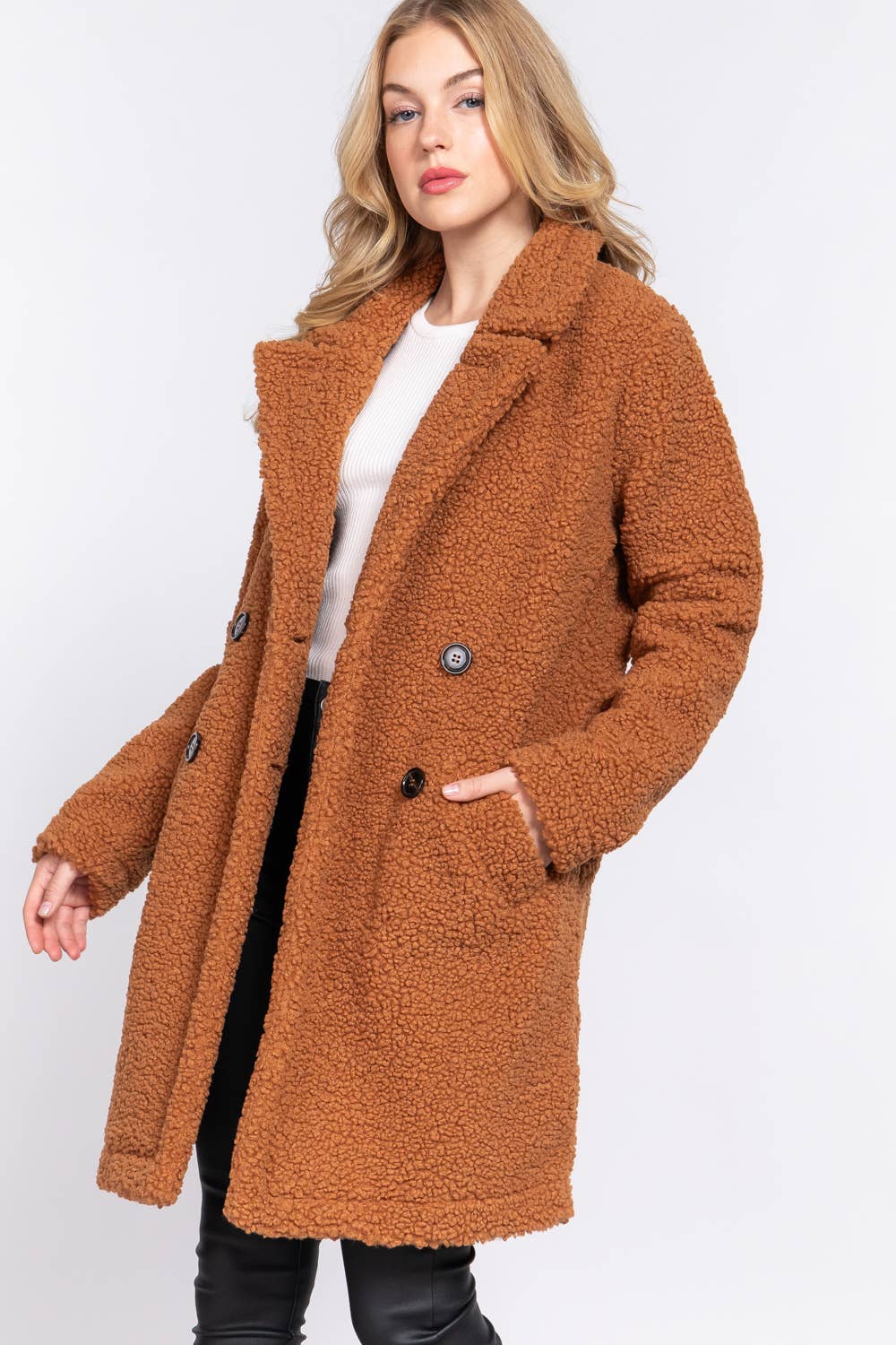 Long Sleeve Double Breasted Faux Fur Teddy Coat: Kha-Camel