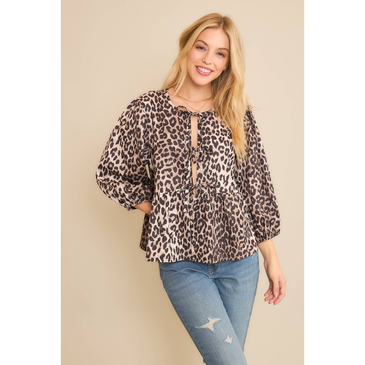 ANIMAL WOVEN PRINT OPEN FRONT BABYDOLL TOP BLOUSE WITH BOW D: Brown Multi