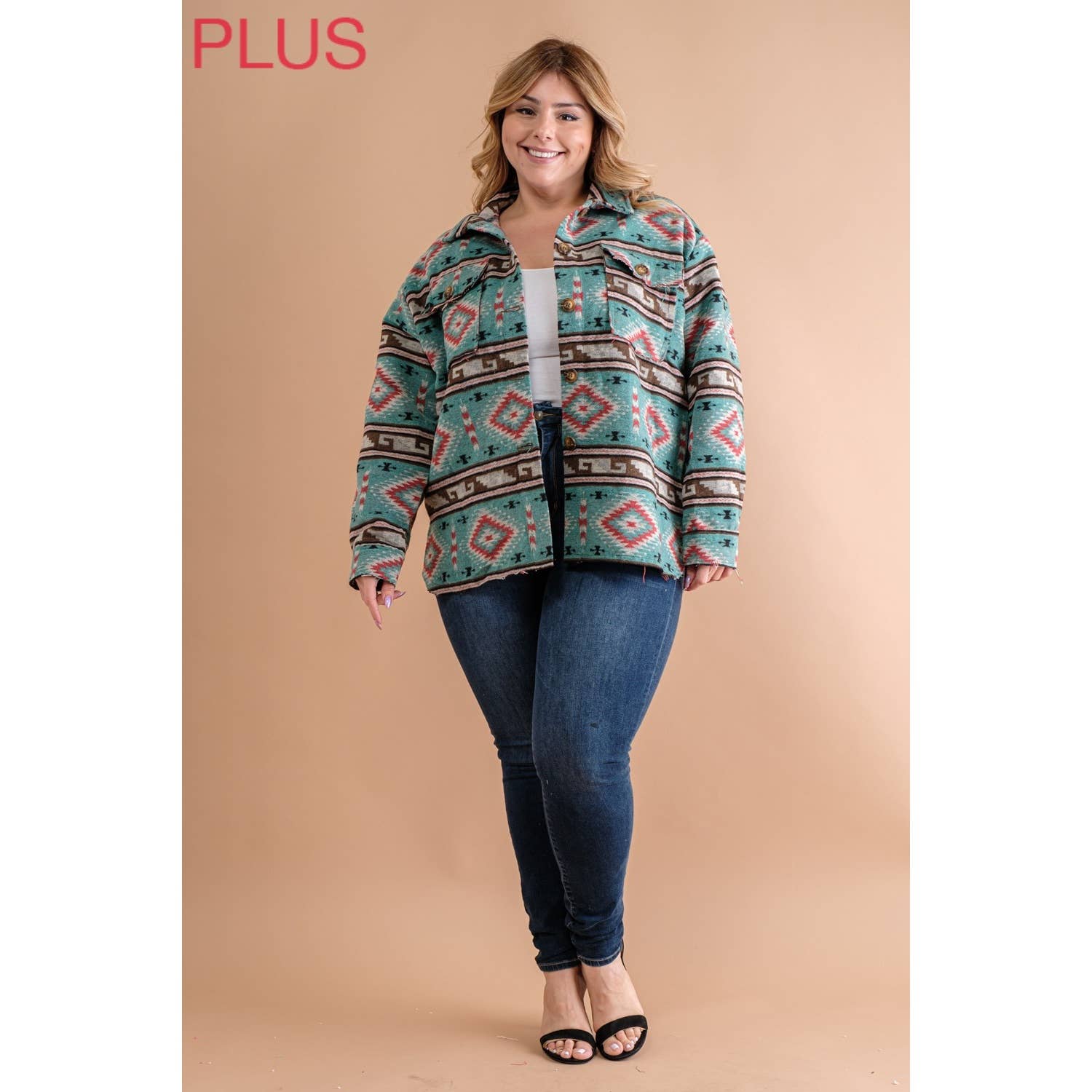 PLUS TRIBAL AZTEC PATTERN BUTTON DOWN SHIRT JACKET: Teal