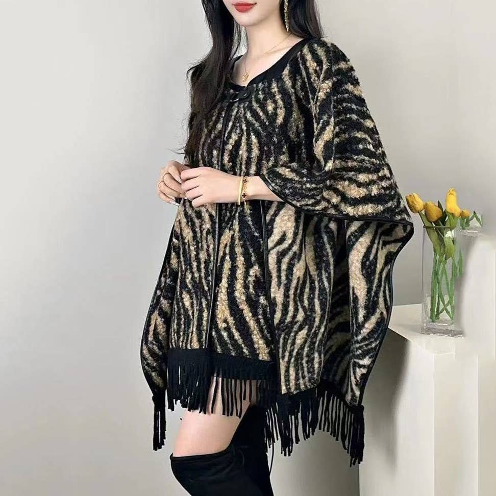 Zebra Print Poncho with Fringe