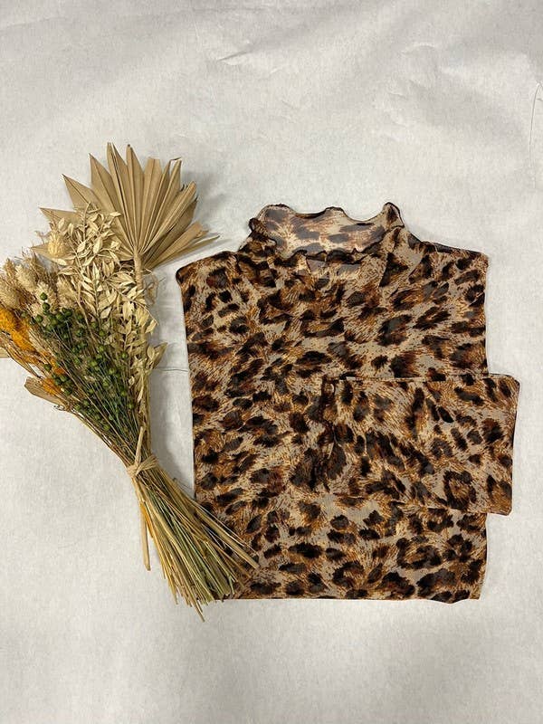ANIMAL PRINT MESH MOCK NECK TOP: MOCHA BROWN