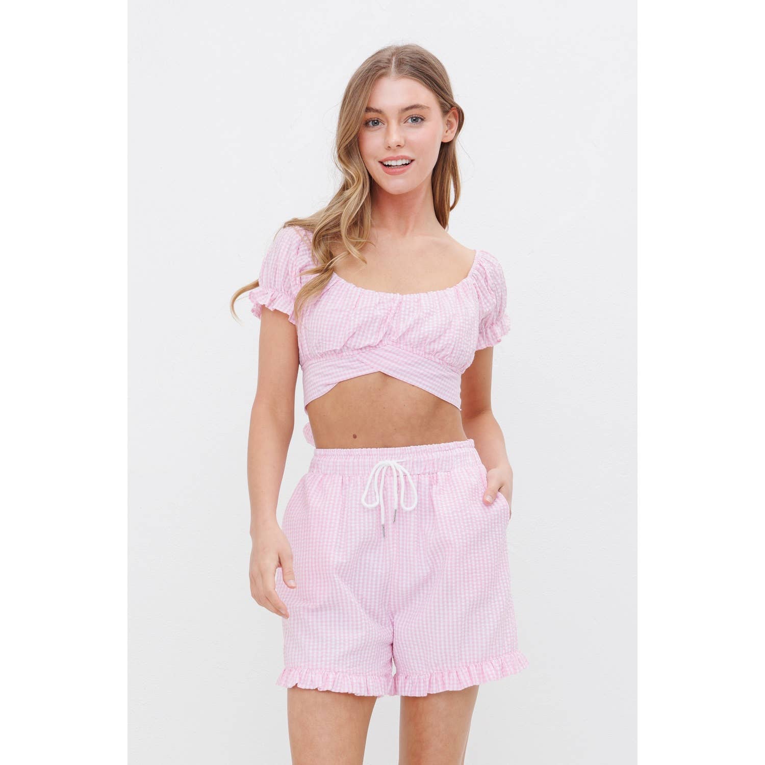 OFF SHOULDER PLEATED CROP TOP WITH BACK RIBBON TIE