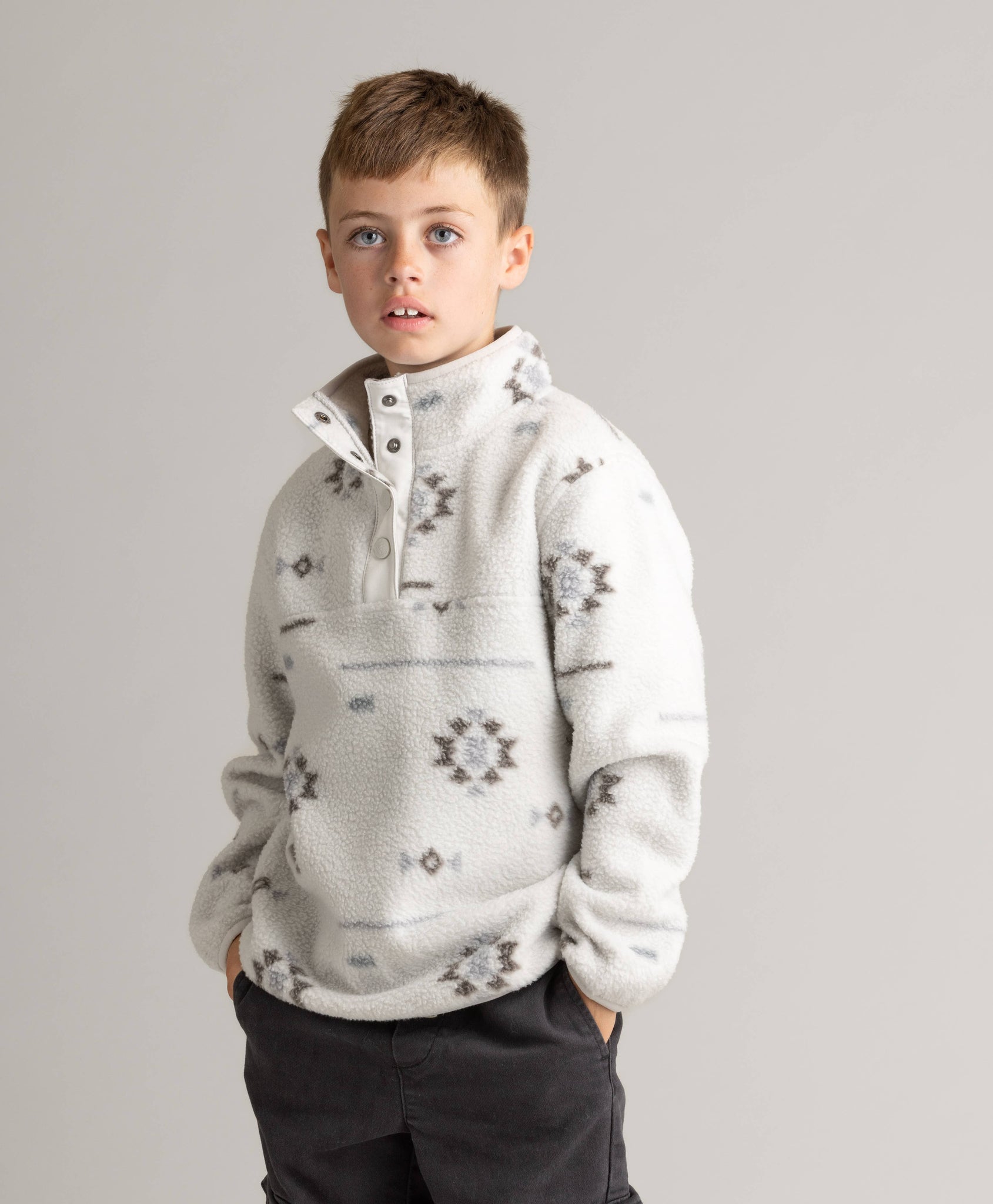 Boys Subzero Heavy Fleece Snap Tee: White Onyx Quali Aztec