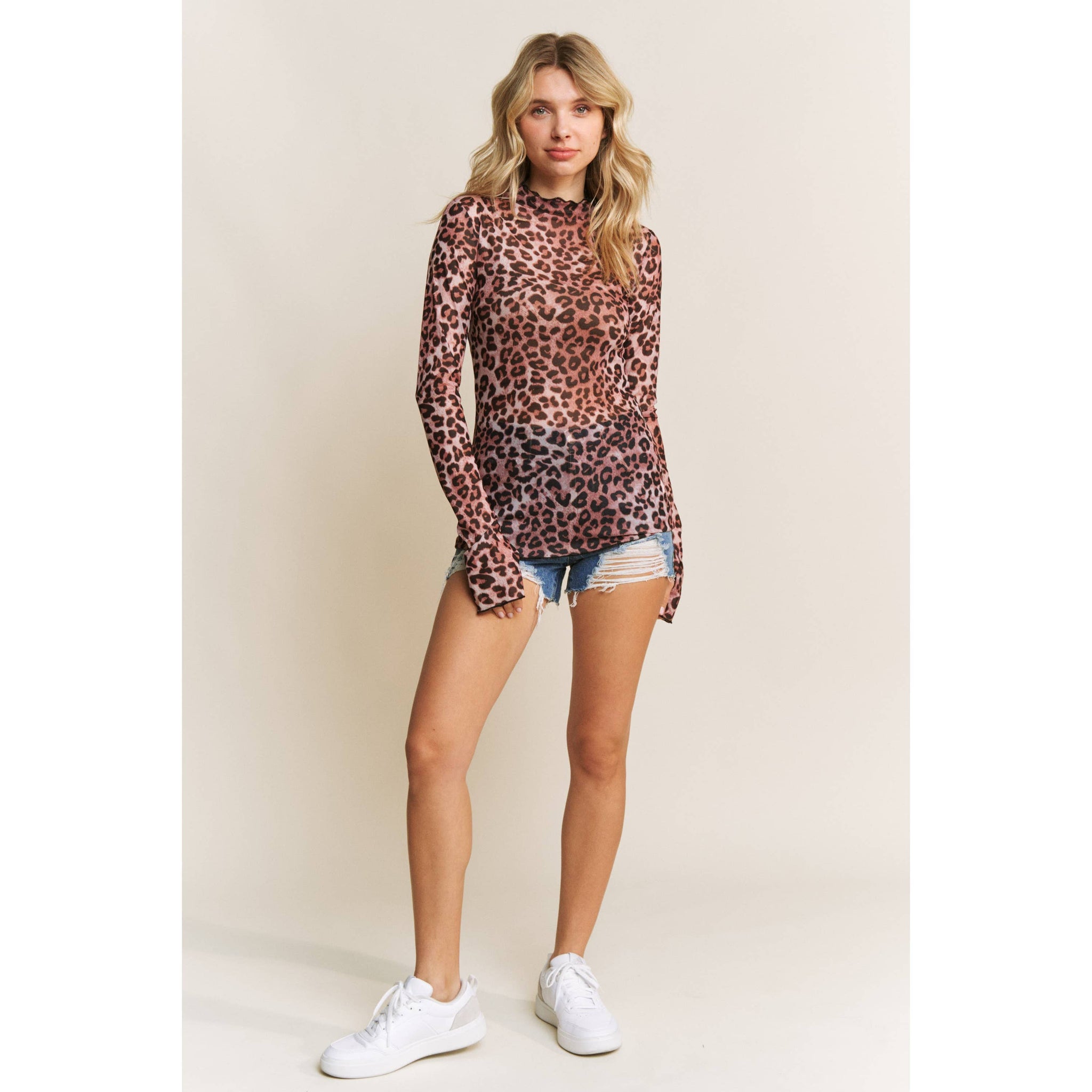 CHIC ANIMAL PRINT MESH HIGH NECK DESIGN LONG SLEEVE FITTED T: