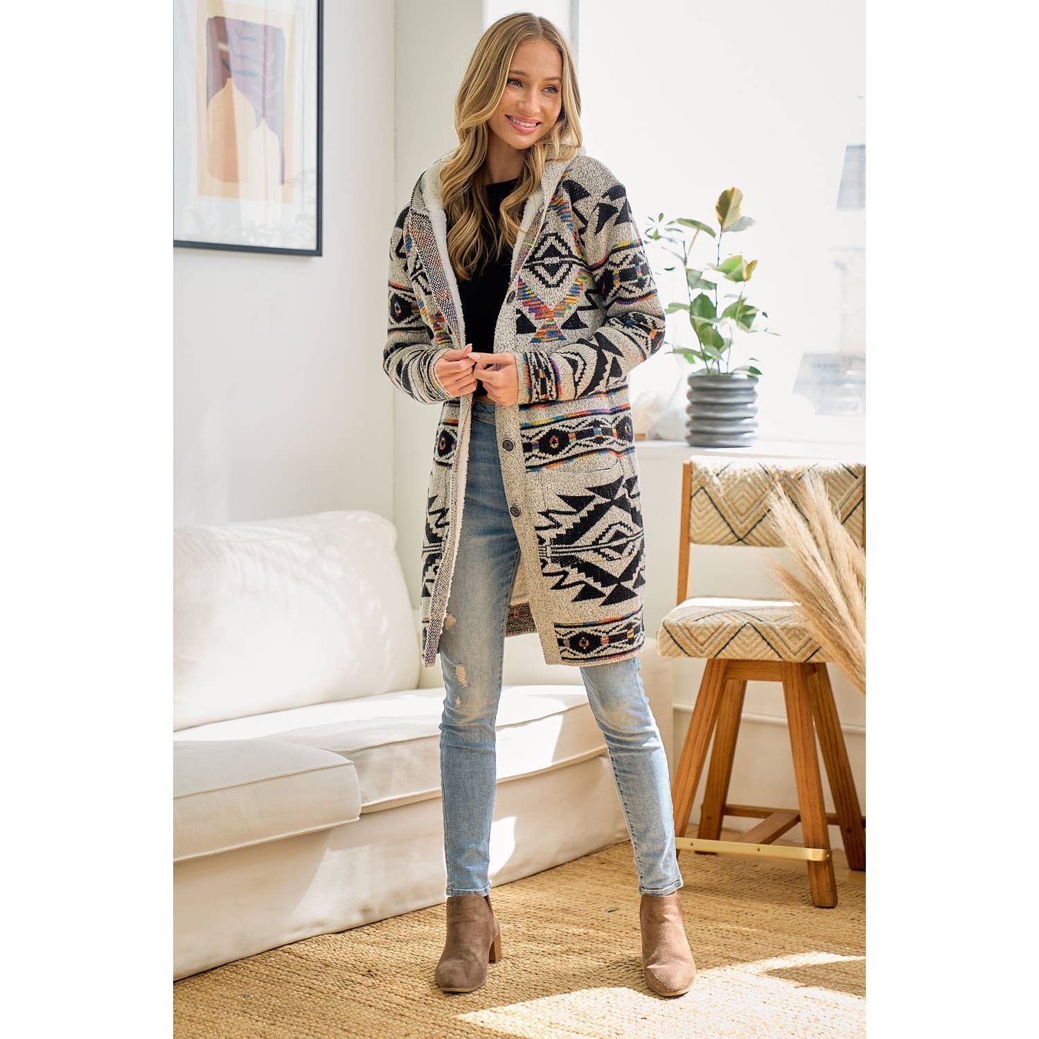 Rainbow Aztec Long Sleeve Hooded Sweater Cardigan: OATMEAL MULTI