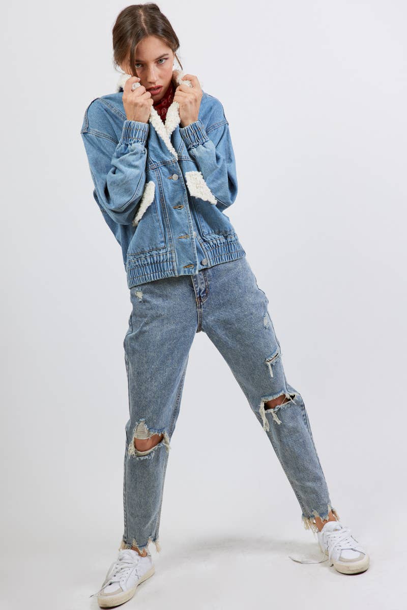 SHAWL COLLAR DENIM JACKET WITH FUR DETAIL S5778A: MEDIUM DENIM / MEDIUM