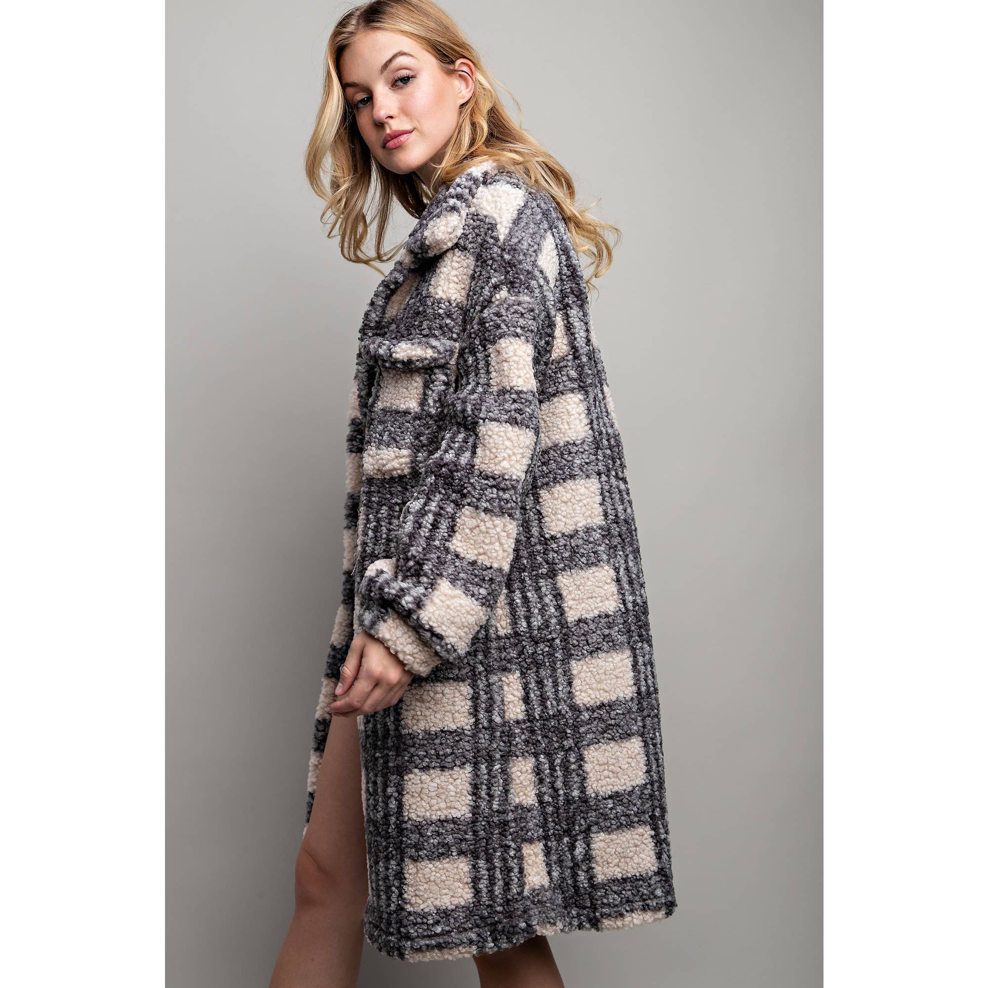 PLAID TEDDY OVERSIZE JACKET:Navy