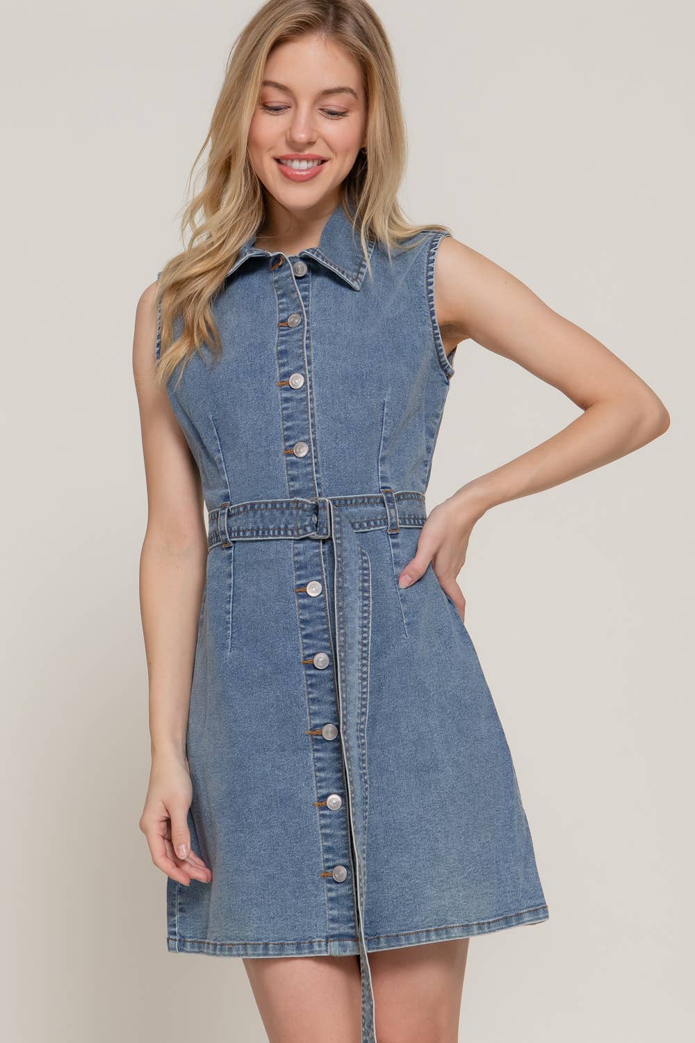 Sleeveless Button Down Stretch Denim Mini Shirt Dress: BLU-medium denim