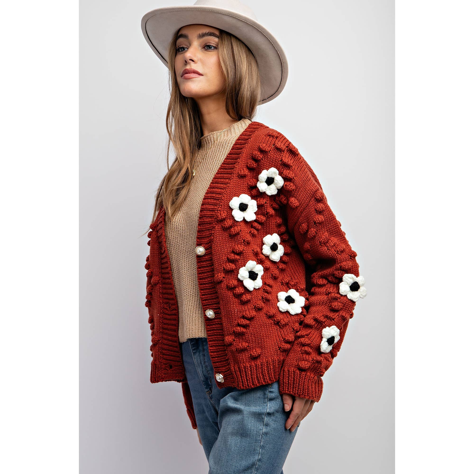 3D FLOWER KNITTING CARDIGAN: Brick