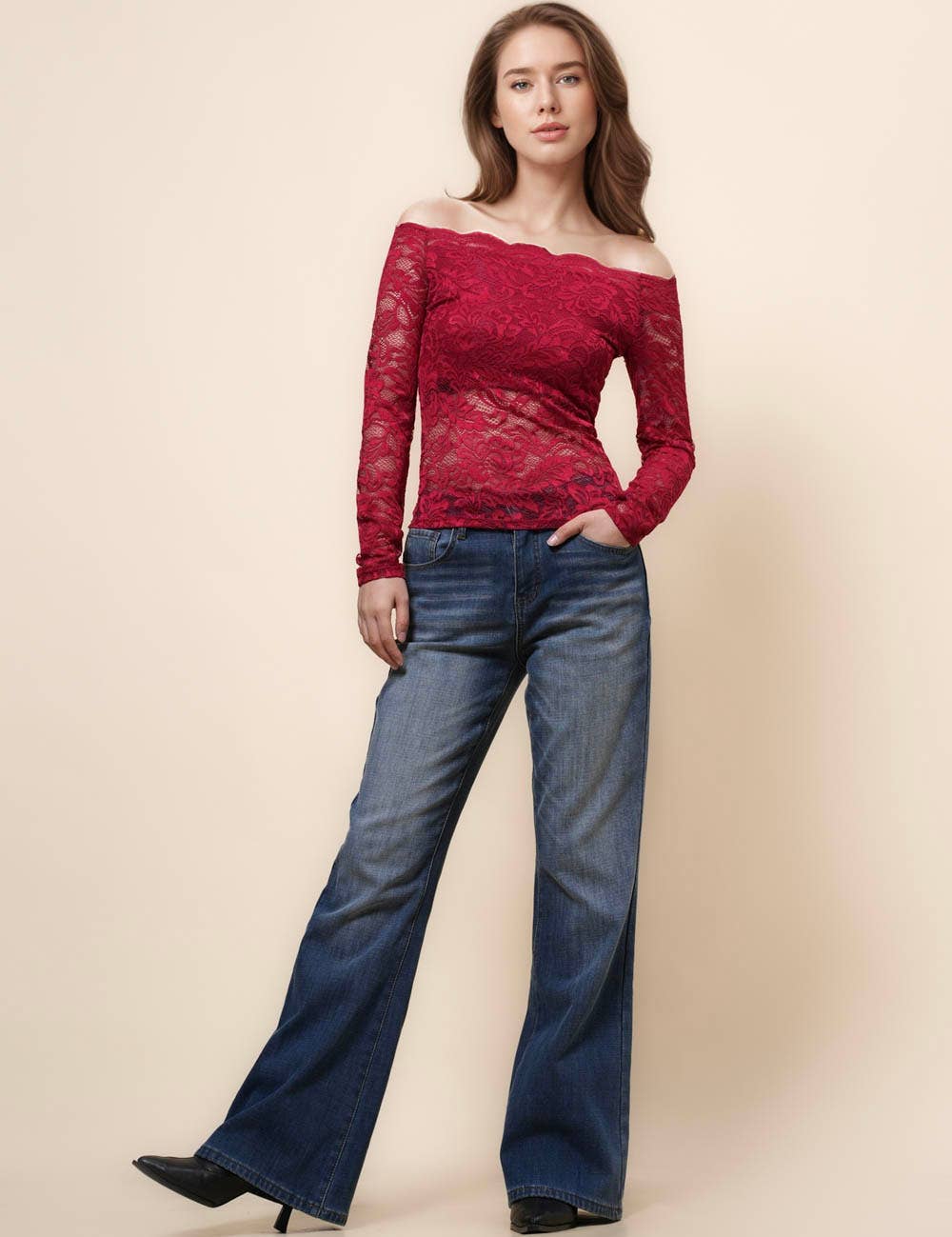 Ladies Floral Lace Off Shoulder See Sheer Layring Top