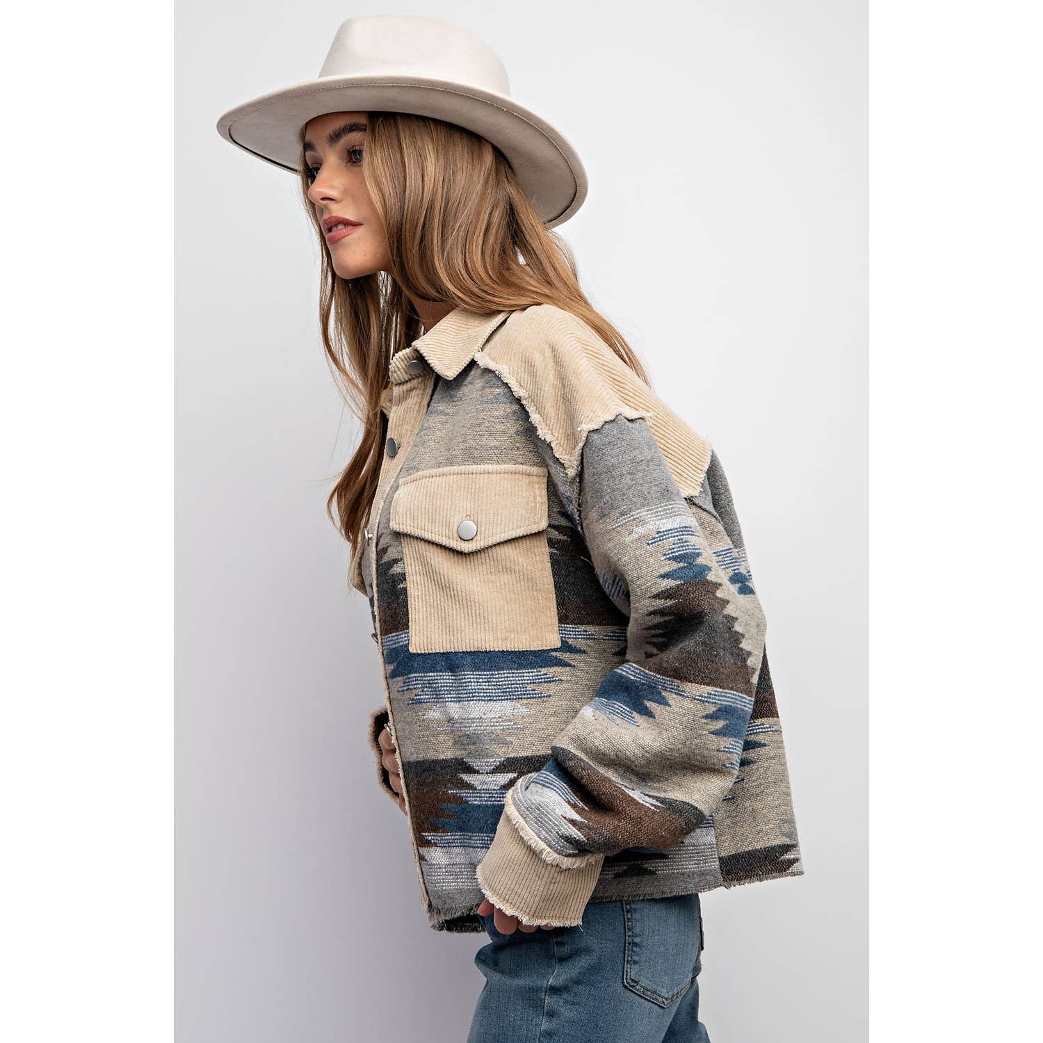 TRIBAL AZTEC PATTERN COLORBLOCK BUTTON DOWN SHIRT JACKET
