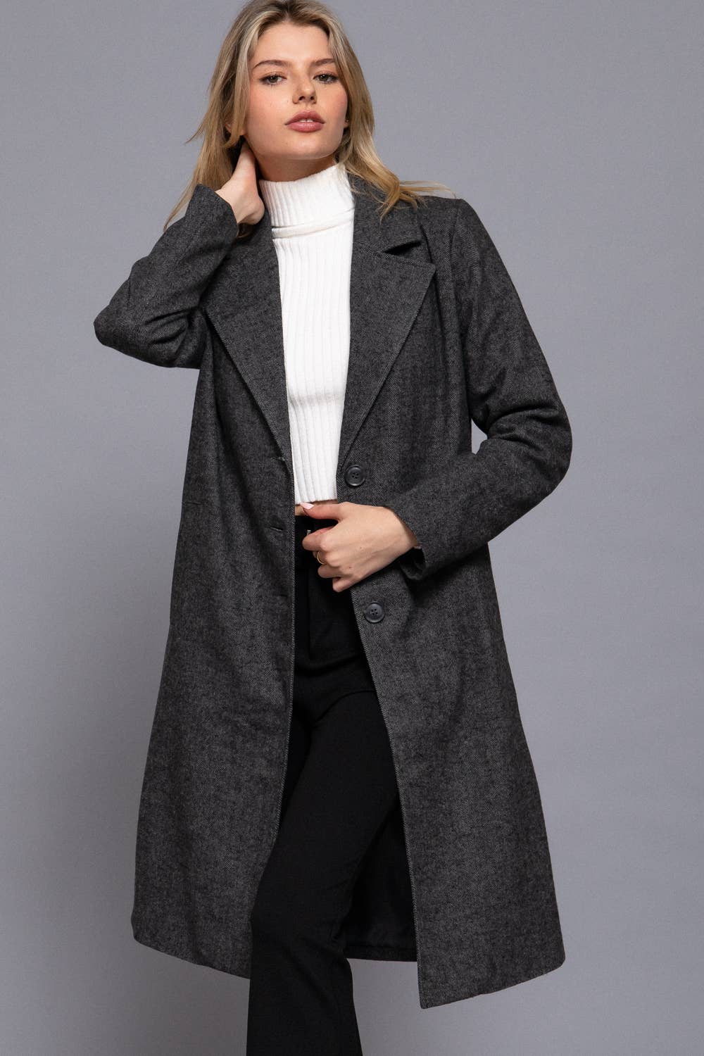 Herringbone Single Breasted Waist Fitted Long Coat: HCH-charcoal